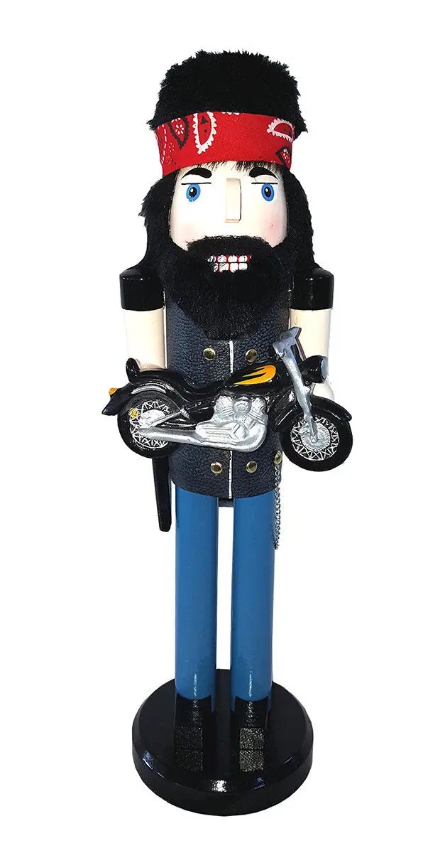 Biker Nutcracker with Bandana and Jacket, wooden figure in blue pants holding a motorcycle on Tampa Home & Garden Store