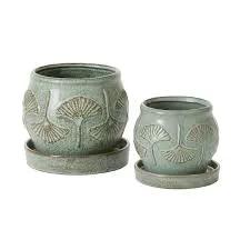 Biloba Pot 5 Inch decorative plant pots, two green glazed ceramic ginkgo motif on Tampa Home & Garden Store