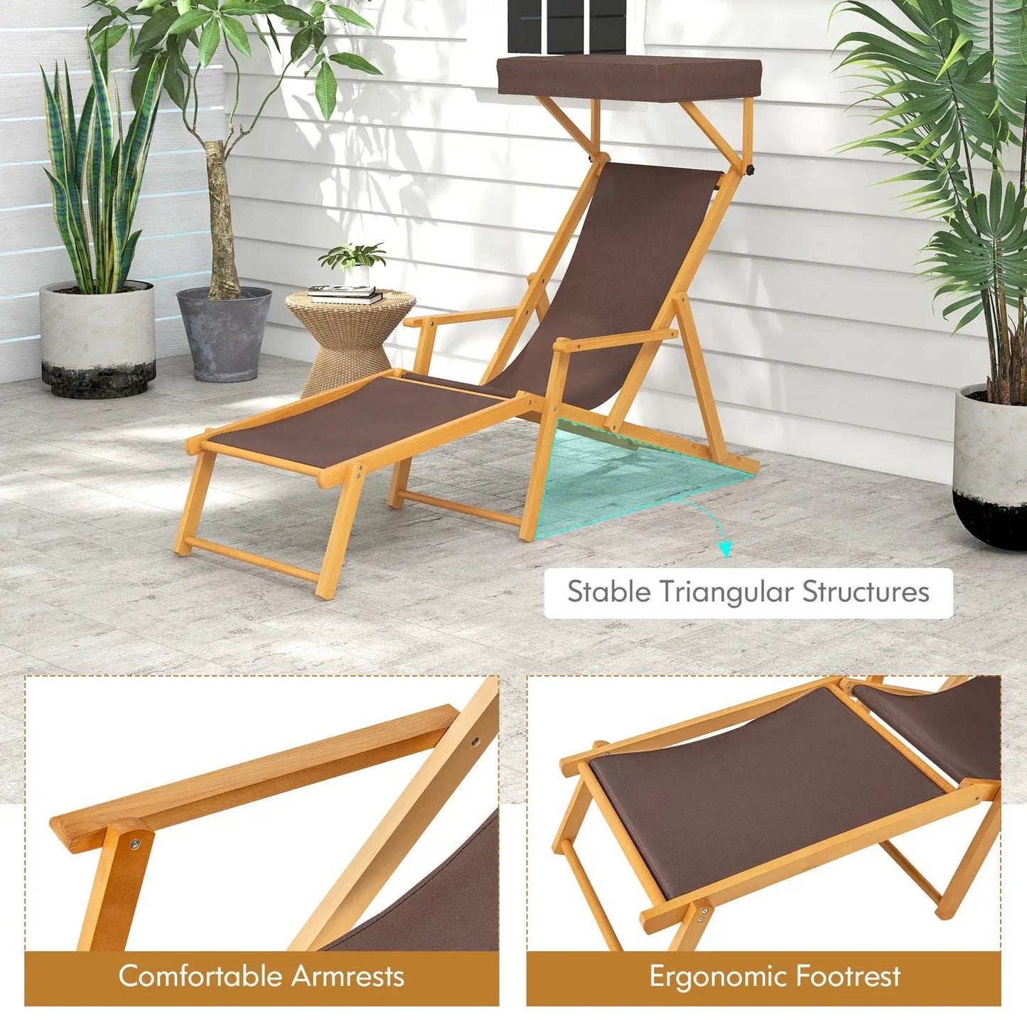 Birch wood foldable chaise lounge chair with brown fabric canopy-equipped sunlounger on Tampa Home & Garden Store