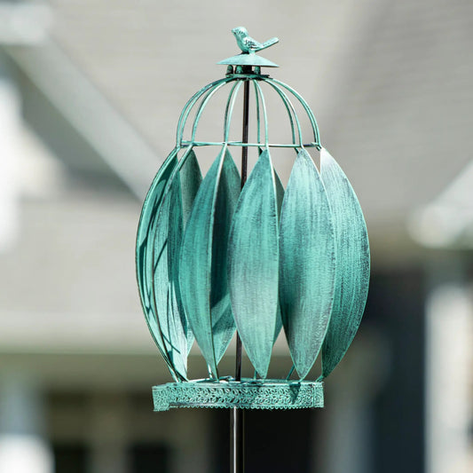 Bird Cage Wind Spinner 68 in teal metal cage with bird finial Evergreen Enterprises on Tampa Home & Garden Store