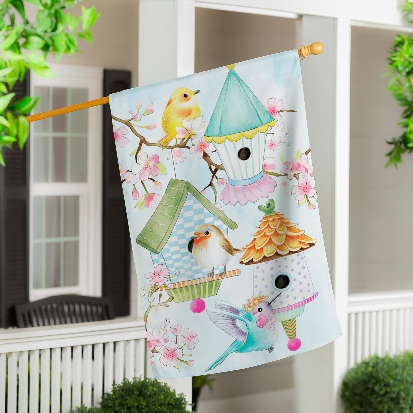 Bird House & Birds on Cherry Blossoms Applique House Flag - Tampa Home & Garden Store