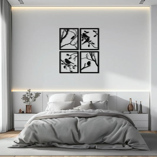 Bird Silhouette Metal Wall Art Four Piece Decor - black metal birds in a four-panel square set on Tampa Home & Garden Store