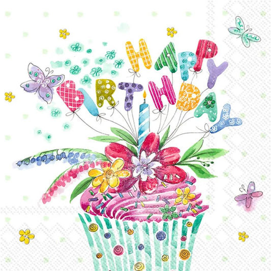 Birthday Cupcake Cocktail Napkins 20-pack with pink frosting and colorful cupcake design on Tampa Home & Garden Store