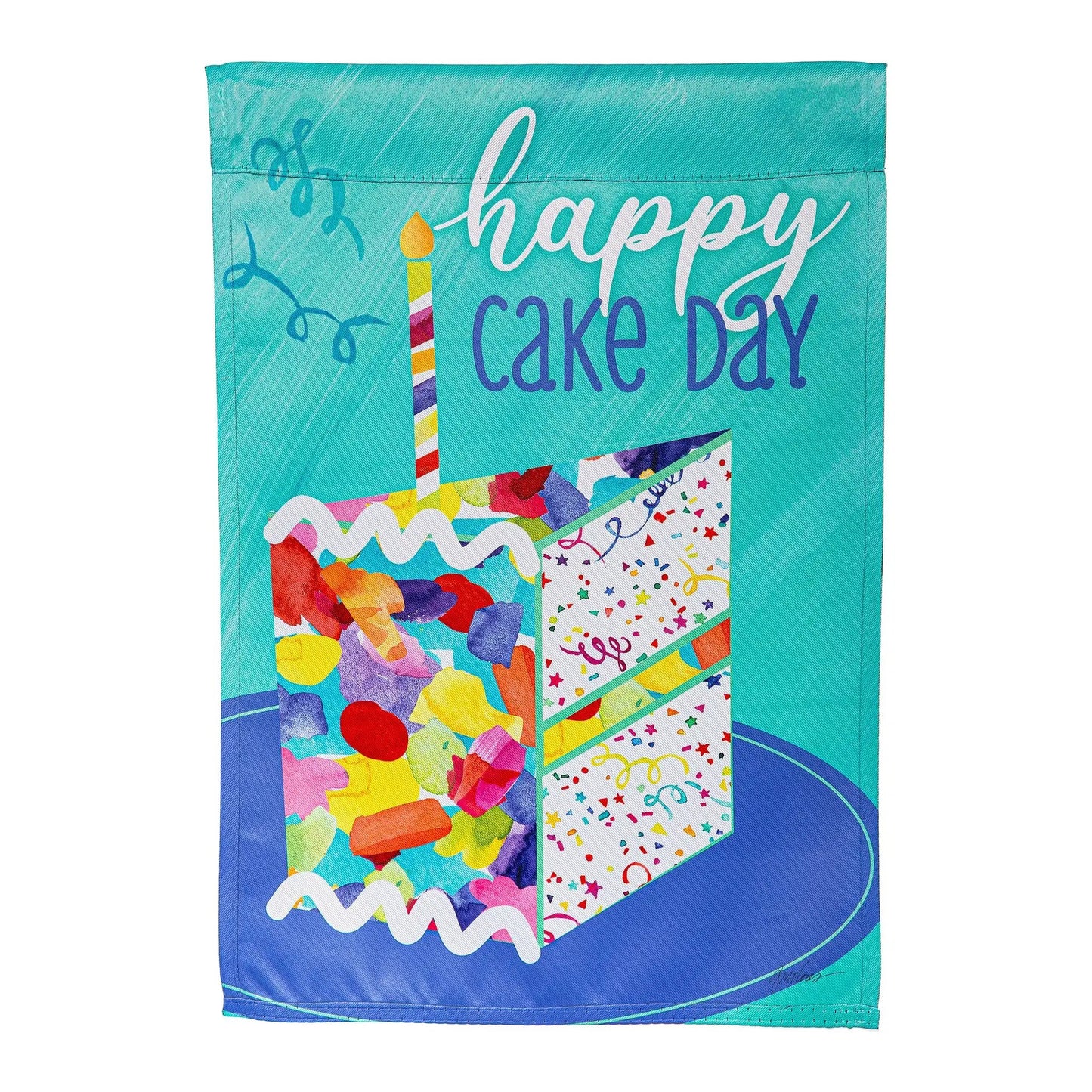 Birthday Party Reversible Suede Garden Flag teal background with candle and confetti on Tampa Home & Garden Store