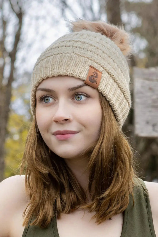 Biscotti ribbed knit hat with pom beige Aria the Fox beanie with leather patch on Tampa Home & Garden Store