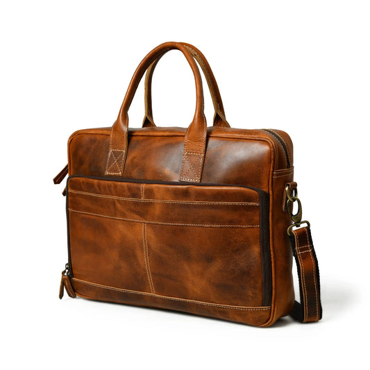 Bison Elite Buffalo Leather Office Briefcase brown with top handles front zip pocket on Tampa Home & Garden Store