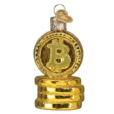 Bitcoin Christmas Ornament gold-tone metal coin with stacked coin base on Tampa Home & Garden Store