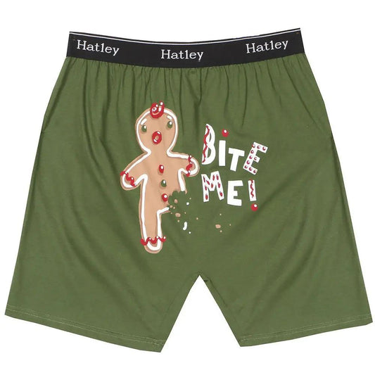 Bite Me Gingerbread Man Boxers Small olive-green Hatley waistband The Country Christmas Loft on Tampa Home & Garden Store