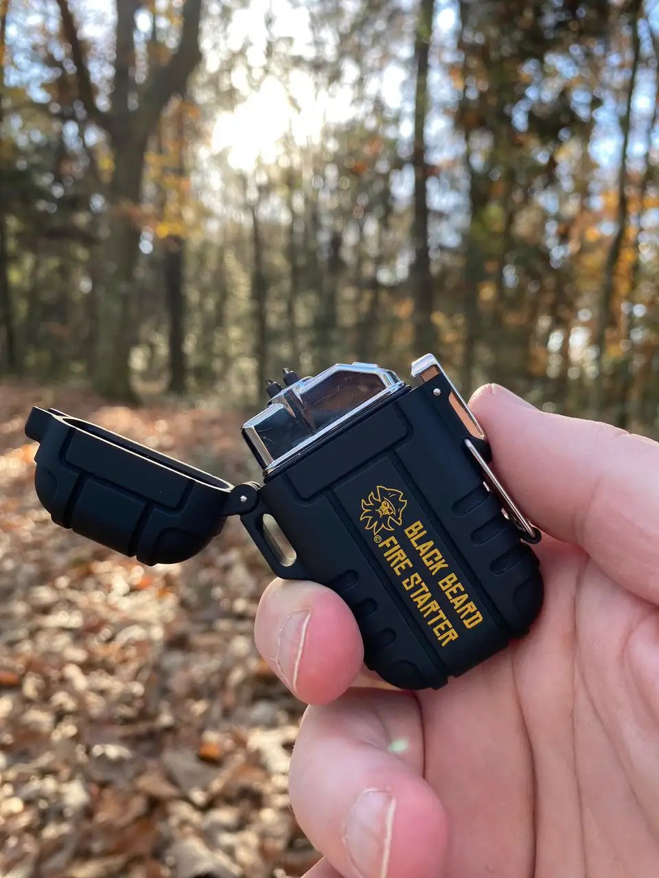 Black Beard Arc Lighter fire starter in black with yellow logo branding on Tampa Home & Garden Store