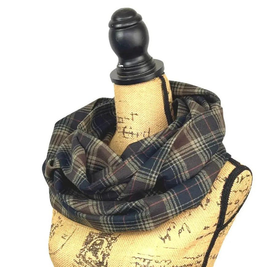 Luxe plaid cotton infinity scarf by Thistle & Stitch in navy brown cream tones on Tampa Home & Garden Store