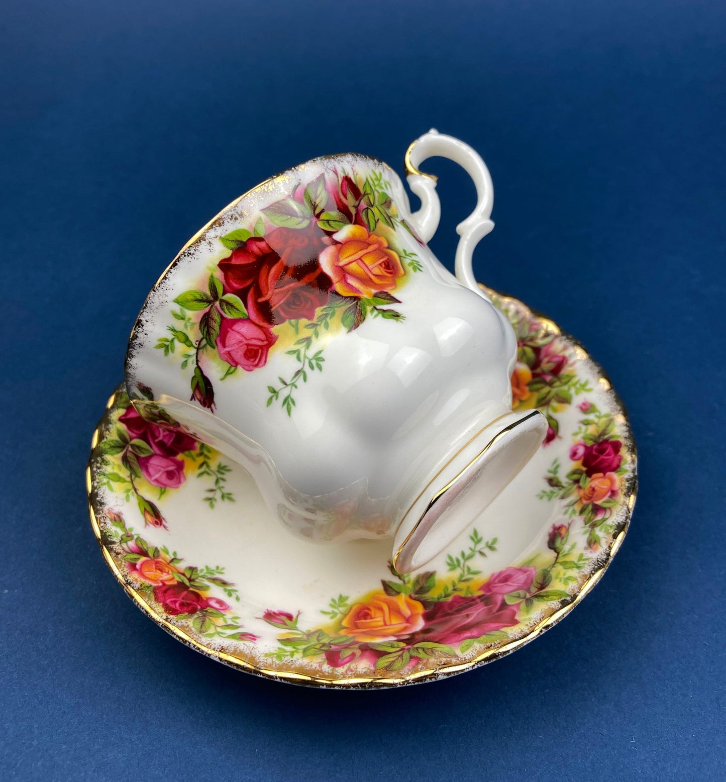 Black Cup and Saucer with Roses on White Background Inside the Cup. Royal Albert Old Country Rose Tea Set. Hand Painted Pink & Red Roses. - Tampa Home & Garden Store