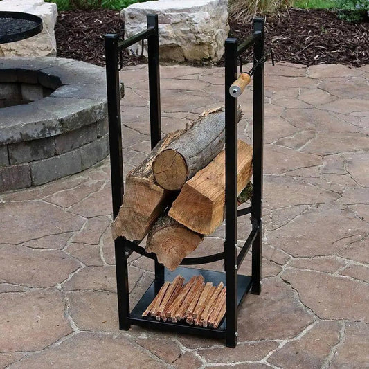 Firewood log rack, black 32-inch indoor/outdoor with stacked logs and shelf HomePacific on Tampa Home & Garden Store
