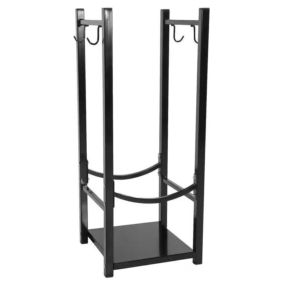 Black 32in indoor/outdoor firewood log rack with curved rails and bottom shelf in metal on Tampa Home & Garden Store
