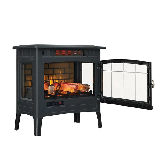 Black infrared quartz electric fireplace stove with glass front, logs by HomePacific on Tampa Home & Garden Store