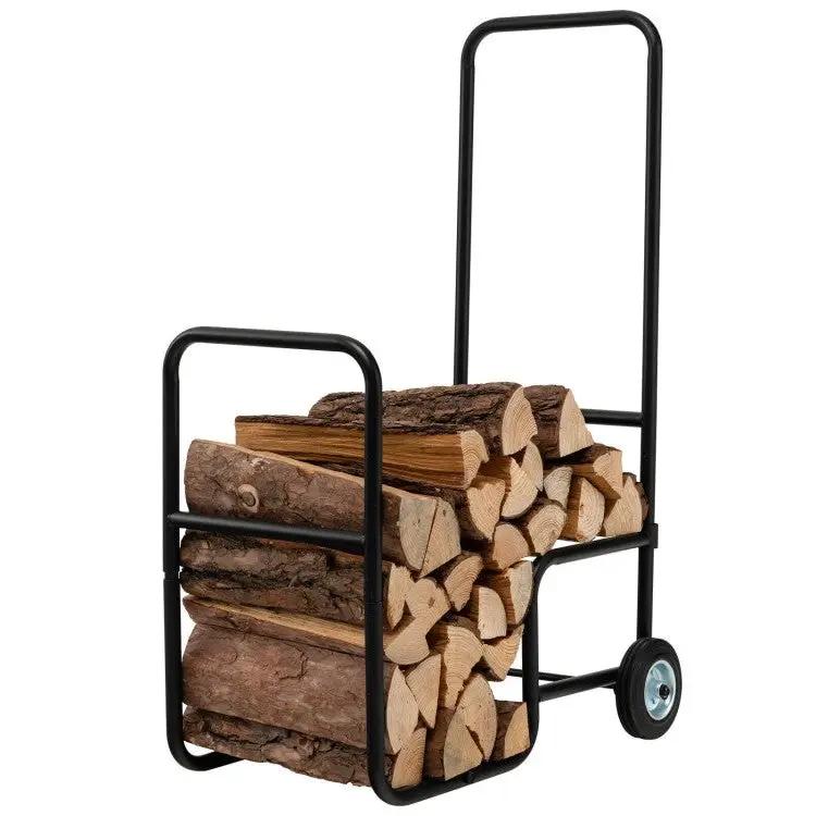 Black large firewood log cart carrier with wheels loaded with split logs on Tampa Home & Garden Store