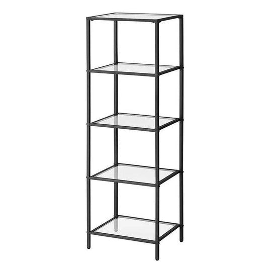 Black metal frame glass shelf bookcase, 4-shelf unit, HomePacific, living room storage on Tampa Home & Garden Store