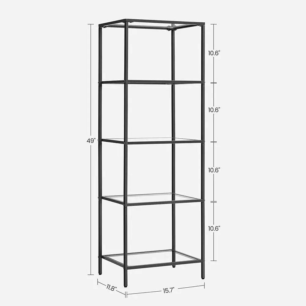 Black metal frame glass shelf bookcase with four shelves HomePacific living room storage on Tampa Home & Garden Store