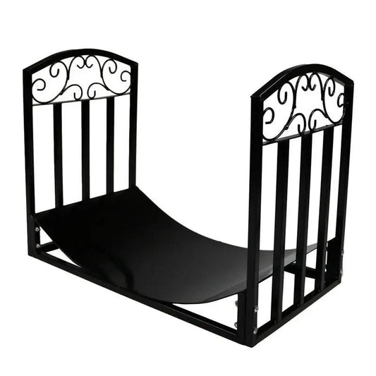 Black metal 2-ft firewood holder by HomePacific with decorative scrollwork ends on Tampa Home & Garden Store