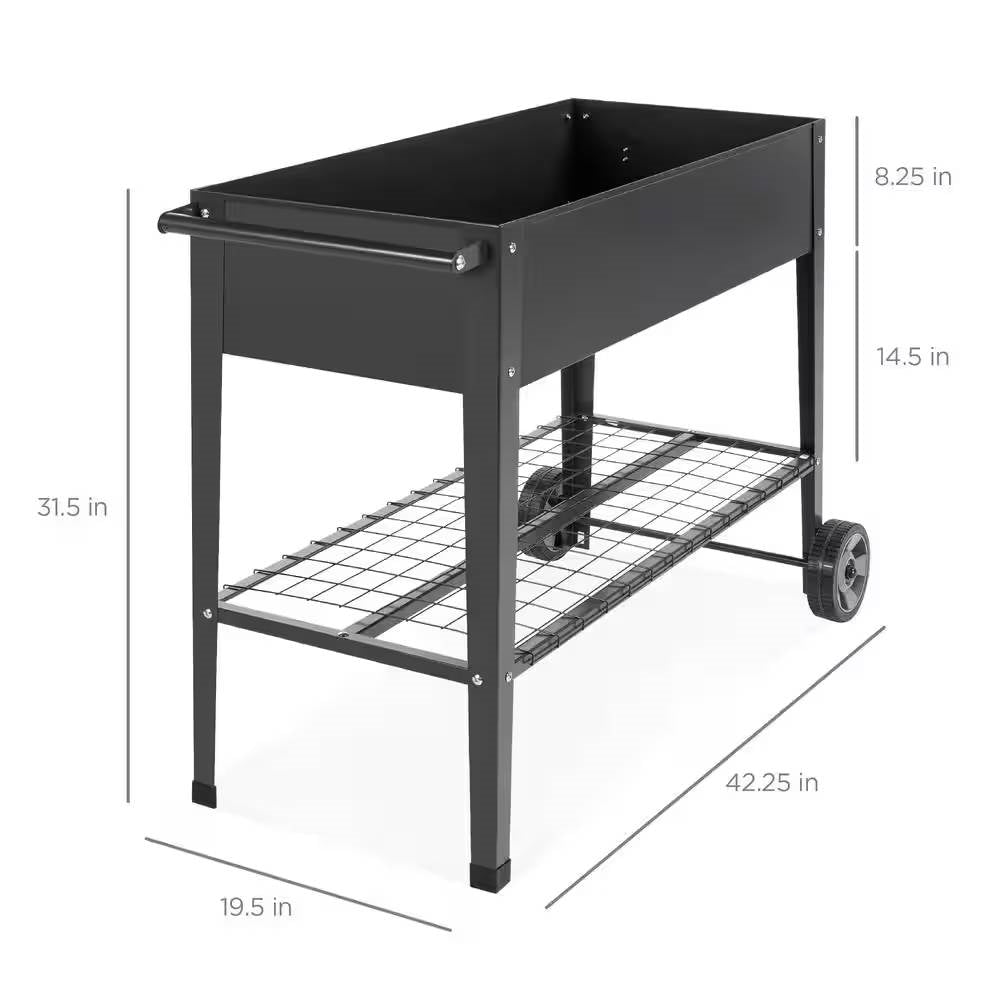 Black Metal Raised Garden Bed Planter Cart on Wheels 37-inch x 15-inch - Tampa Home & Garden Store