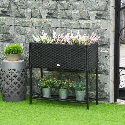 Black Modern PE Rattan Wicker Raised Garden Bed Elevated Planter Box - Tampa Home & Garden Store