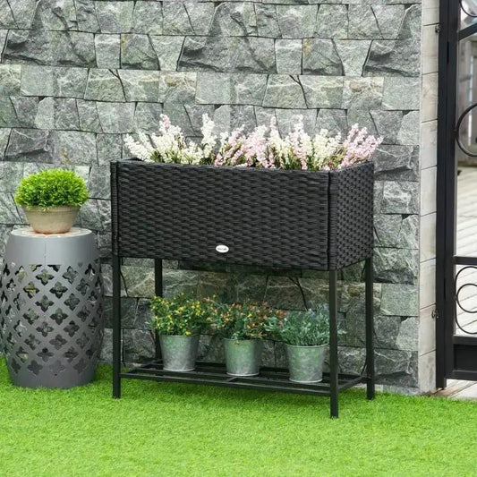 Black modern PE rattan raised planter box with metal legs and lower shelf on Tampa Home & Garden Store
