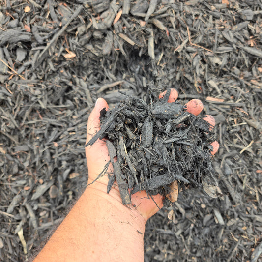 Bulk Black mulch on sale online, shown close up in my hand