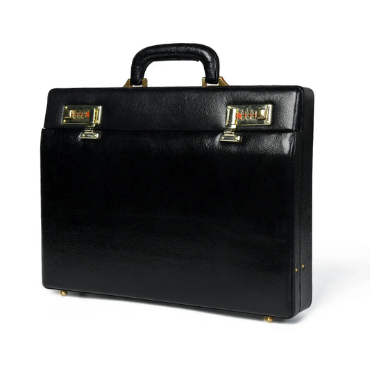 Office briefcase in black full-grain leather with gold-tone hardware and sturdy top handle on Tampa Home & Garden Store