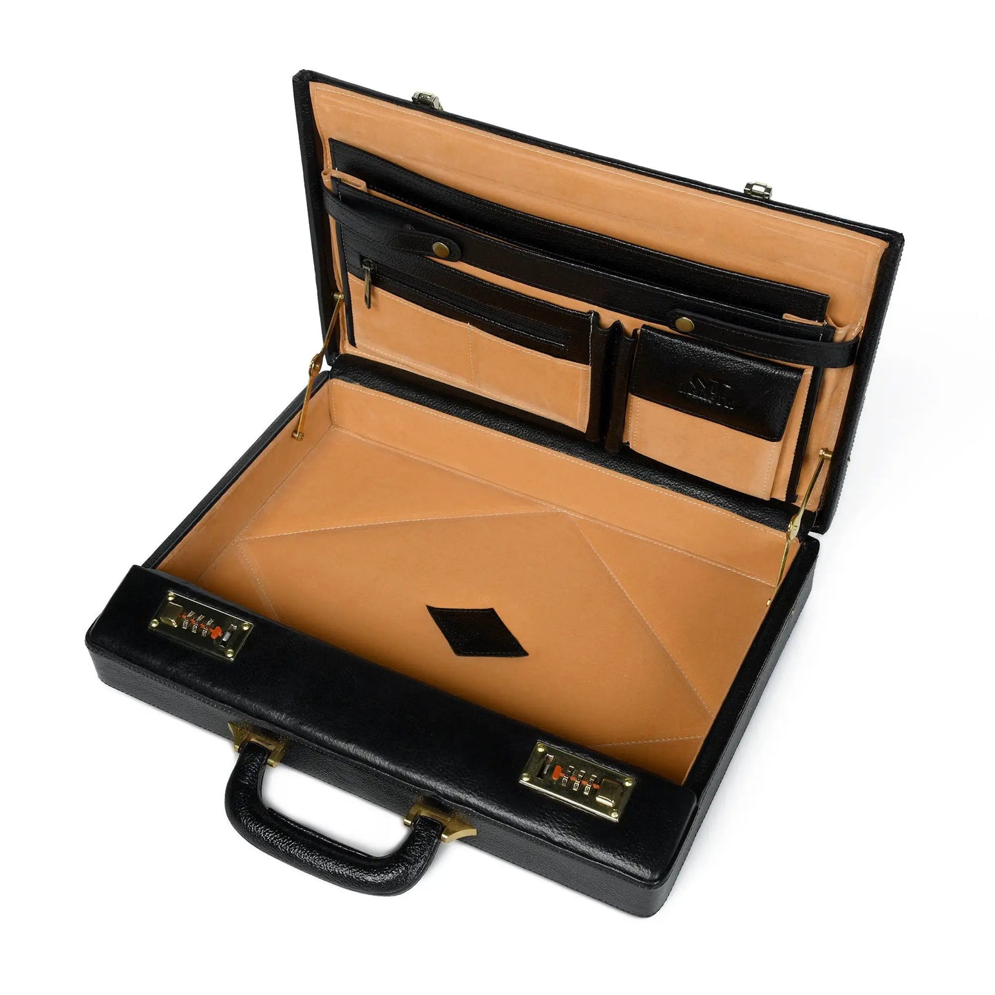 Black full-grain leather office briefcase with tan lining and multiple organizer pockets on Tampa Home & Garden Store