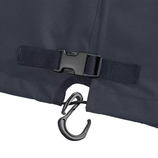 Black outdoor firewood rack cover with adjustable strap, buckle and metal hook on Tampa Home & Garden Store