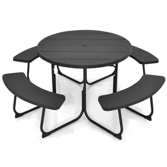 Black Outdoor Metal and HDPE Picnic Table Bench Set with Umbrella Hole - Seats 8 - Tampa Home & Garden Store