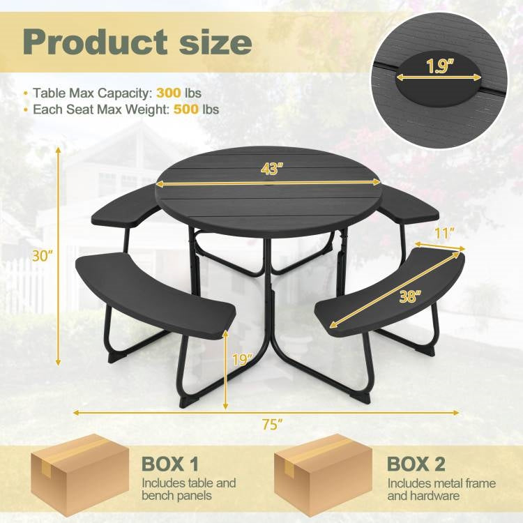 Black Outdoor Metal and HDPE Picnic Table Bench Set with Umbrella Hole - Seats 8 - Tampa Home & Garden Store
