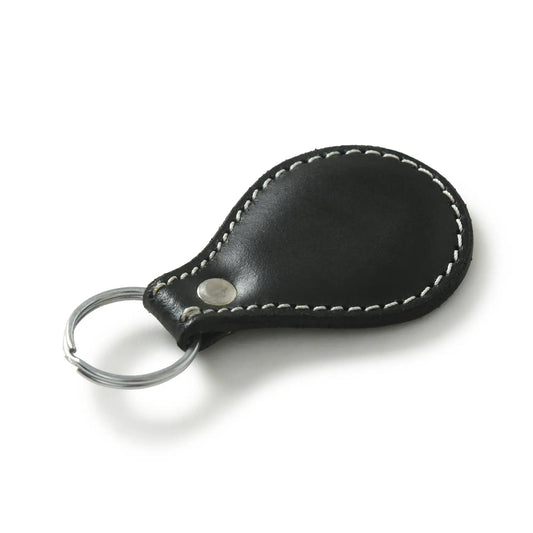 Black oval buffalo leather keyring with white stitching and metal rivet on Tampa Home & Garden Store