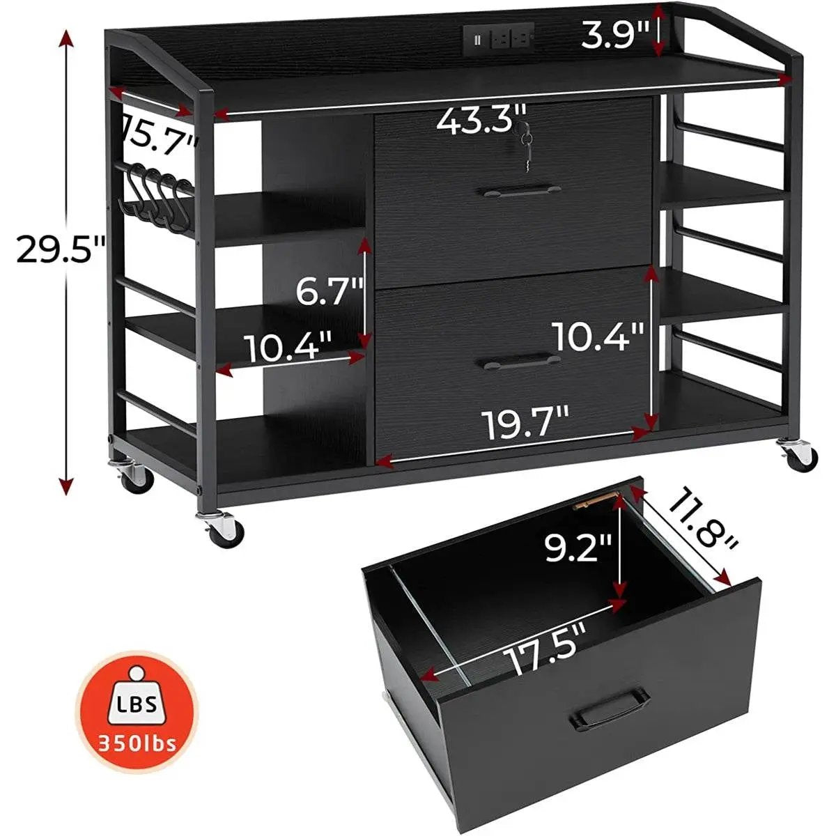 Black HomePacific printer stand bookcase with power station and rolling casters on Tampa Home & Garden Store