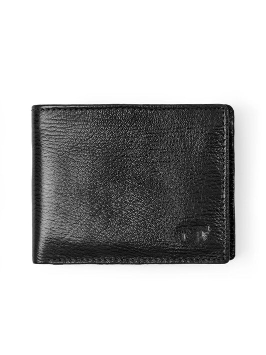 Black Sleek-Fit Leather Wallet for Men with pebbled texture and visible edge stitching on Tampa Home & Garden Store