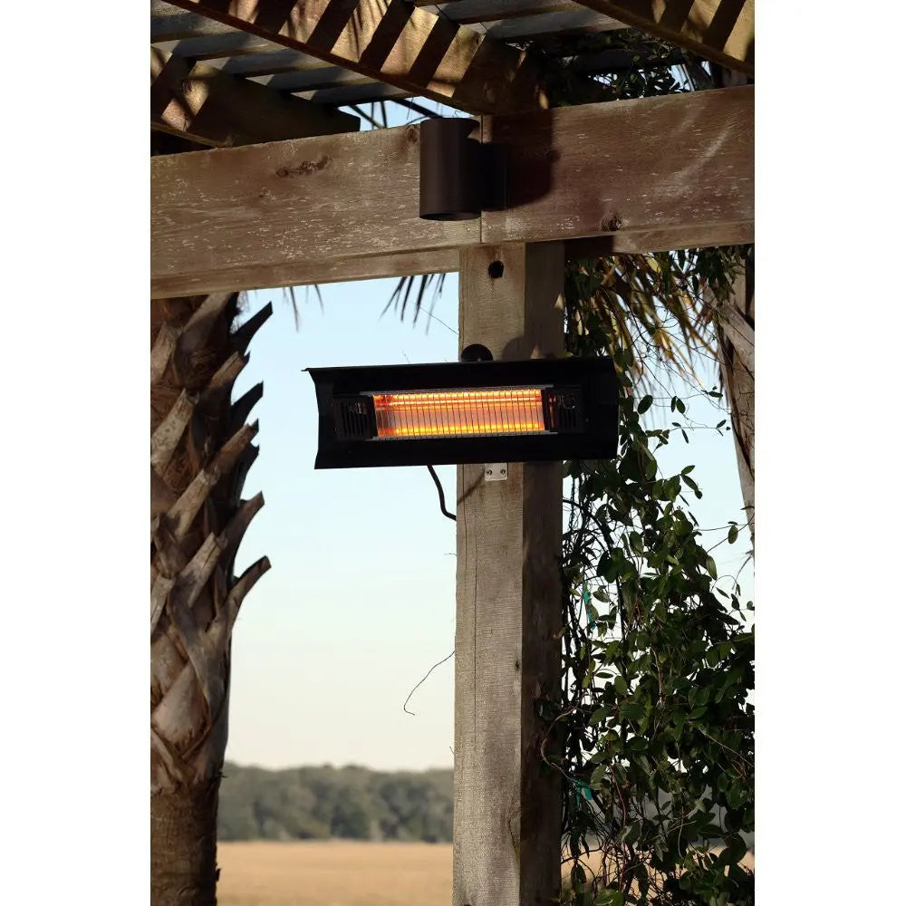 Black steel wall-mounted infrared patio heater with orange glow Fire Sense/Balkene on Tampa Home & Garden Store