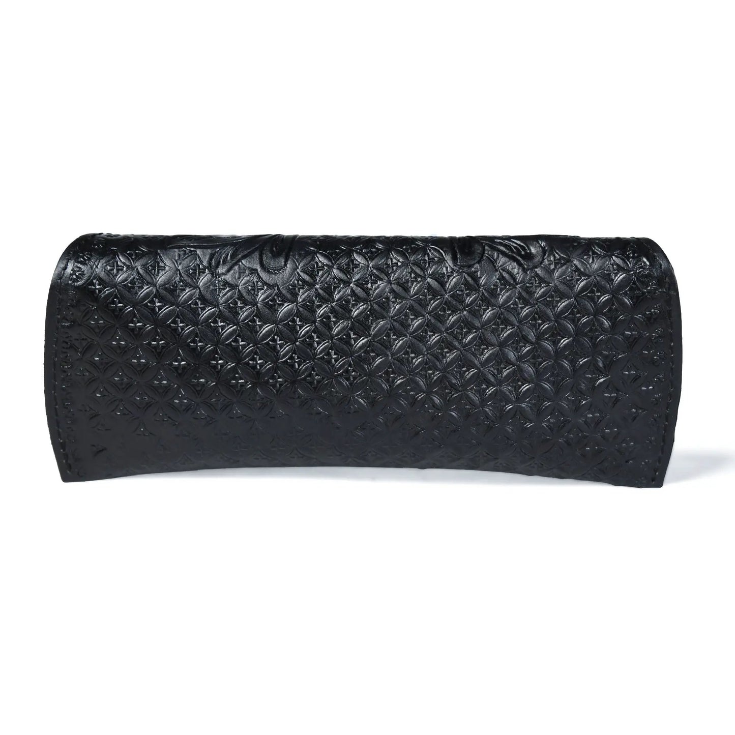 Textured black leather sunglasses case with embossed geometric pattern and soft lining on Tampa Home & Garden Store