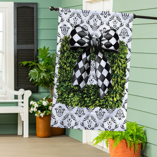 Black & White Bow Topiary Burlap House Flag - Tampa Home & Garden Store