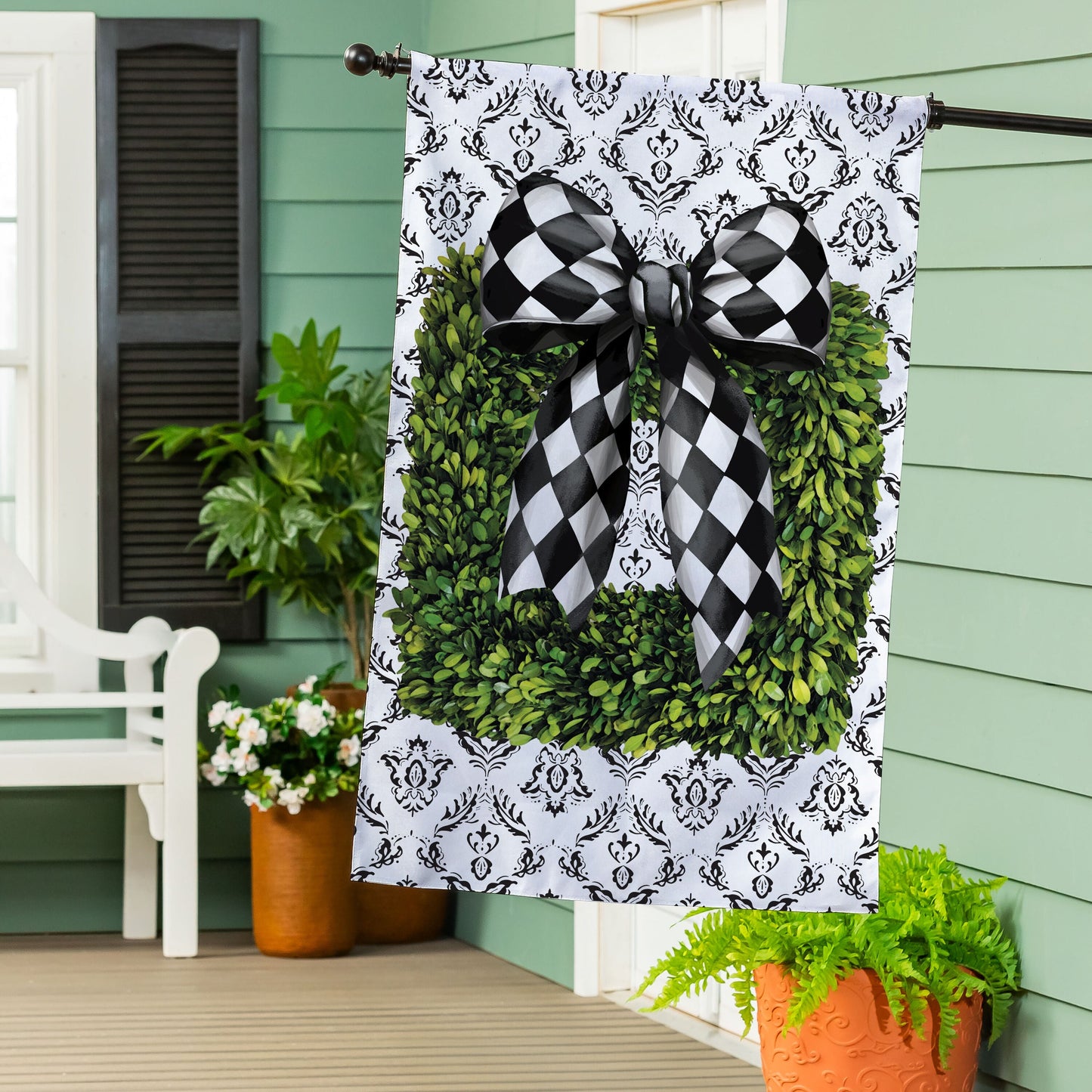 Black & White Bow Topiary Burlap House Flag - Tampa Home & Garden Store