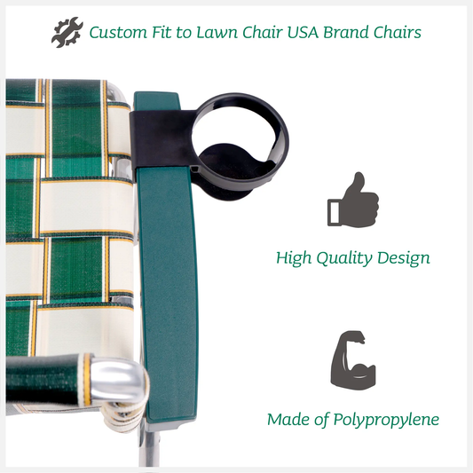 Lawn Chair USA Cup Holder for Right Arm black plastic attached to teal chair arm on Tampa Home & Garden Store