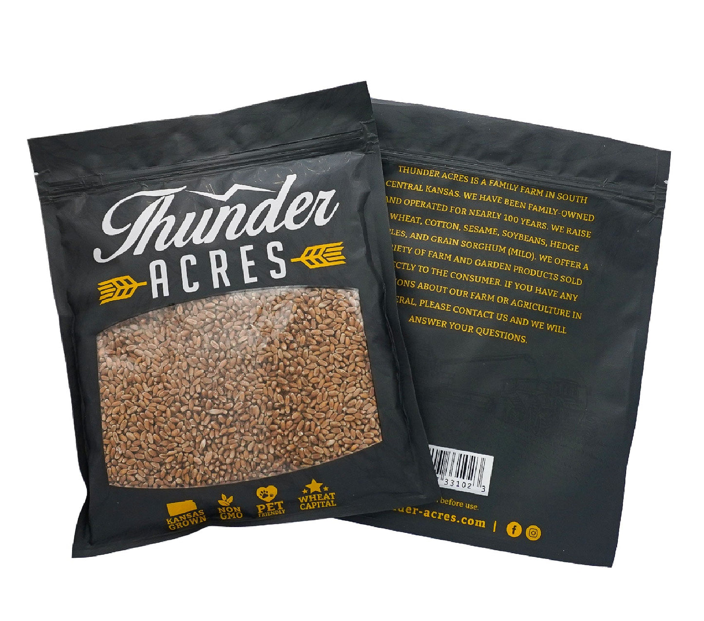 Thunder Acres non-GMO wheat seed bags with transparent window showing brown seeds on Tampa Home & Garden Store