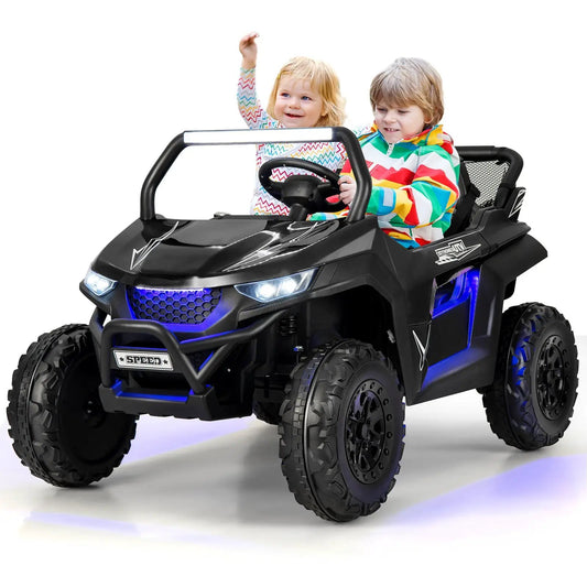 12V Kids Ride On UTV two-seat black with blue LED accents and speed badge on Tampa Home & Garden Store