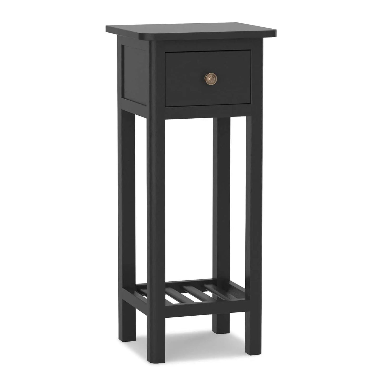 Black 2-tier slim nightstand with one drawer, bronze knob, and lower slatted shelf on Tampa Home & Garden Store