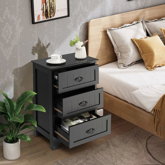 Farmhouse nightstand with 3 gray storage drawers and decorative handles, top with cup and vase on Tampa Home & Garden Store