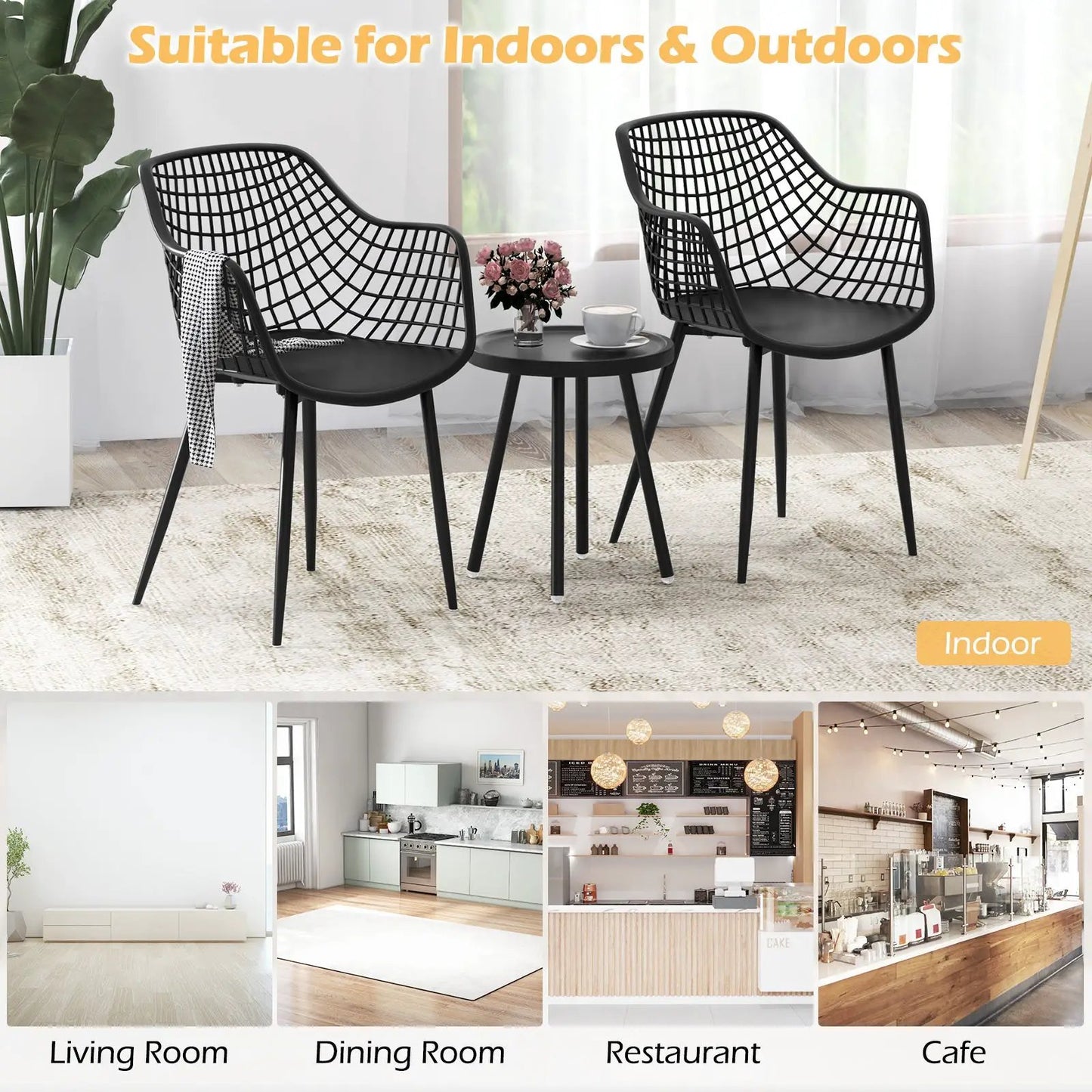 3-Piece patio chair set with PP seat and round tabletop, black grid-back chairs indoors on Tampa Home & Garden Store