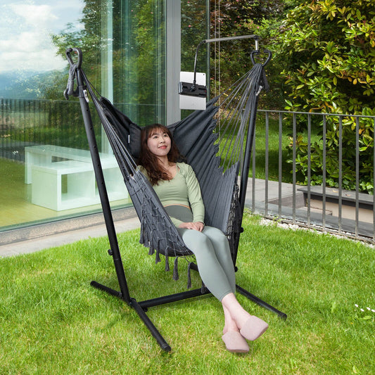 Height Adjustable Hammock Chair with Phone Holder and Side Pocket-Gray - Tampa Home & Garden Store
