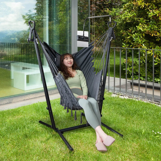 Height Adjustable Hammock Chair with Phone Holder in gray woven fabric on black stand on Tampa Home & Garden Store