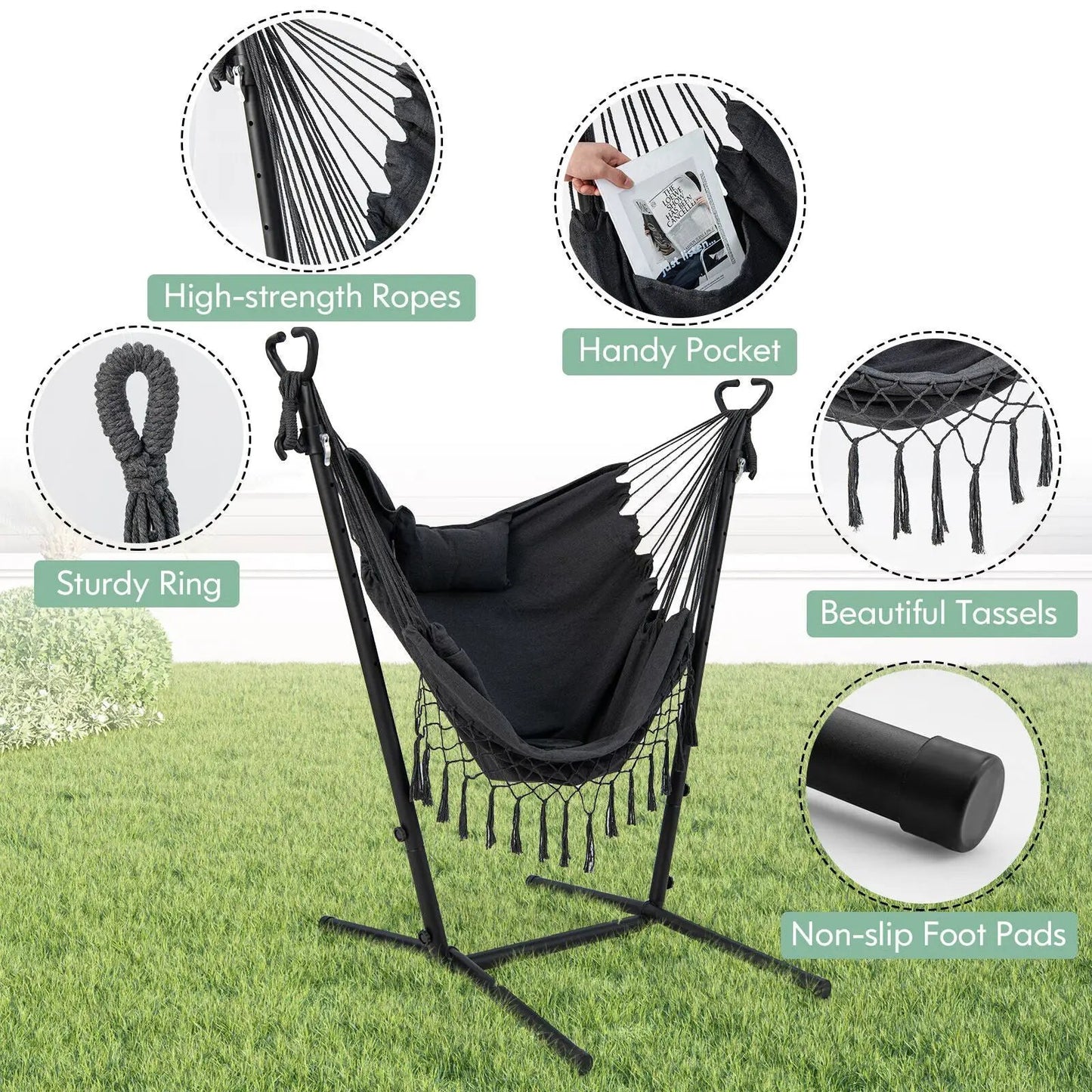 DirectDeals height-adjustable hammock chair with phone holder, black, strong ropes on Tampa Home & Garden Store