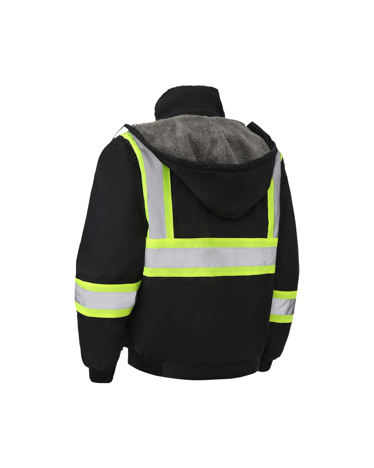 Kiwi High-Vis Hooded Black Jacket with sherpa lining and neon reflective trim on Tampa Home & Garden Store