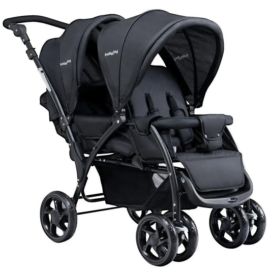 Foldable double stroller for two in black with two seats, babyjoy branding, DirectDeals on Tampa Home & Garden Store