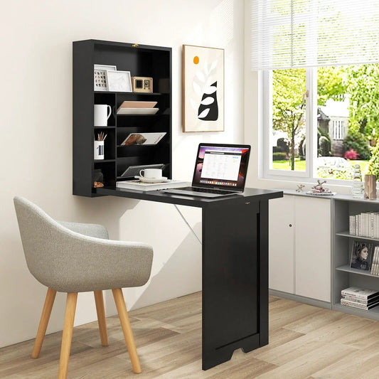 Wall Mounted Foldout Desk in black with built-in hutch and open shelves, laptop on desk on Tampa Home & Garden Store
